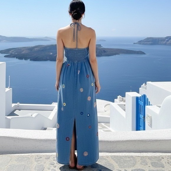 Zara Maxi Dress Womens S Blue Denim Embroidered Floral Halter Smocked Back Boho - Picture 2 of 8